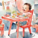 Modern watercolor illustration of a joyful baby sitting securely in a high chair, with colorful, child-safe utensils and toys, and an adult hand guiding them, addressing the question of when can a baby sit in a high chair.