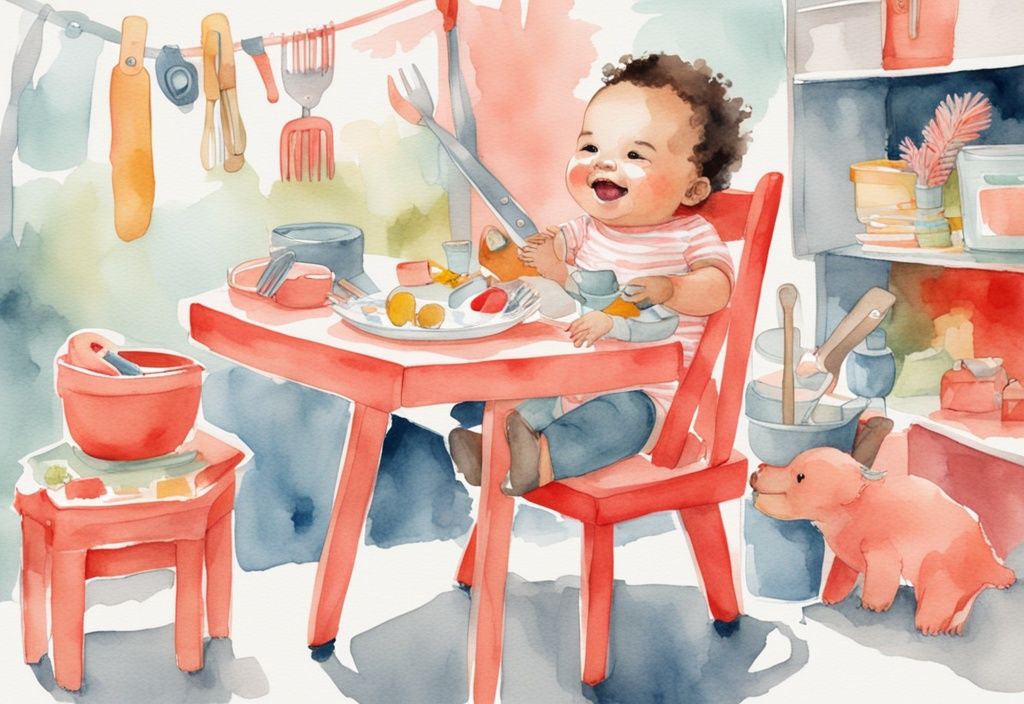 Modern watercolor illustration of a joyful baby sitting securely in a high chair, with colorful, child-safe utensils and toys, and an adult hand guiding them, addressing the question of when can a baby sit in a high chair.