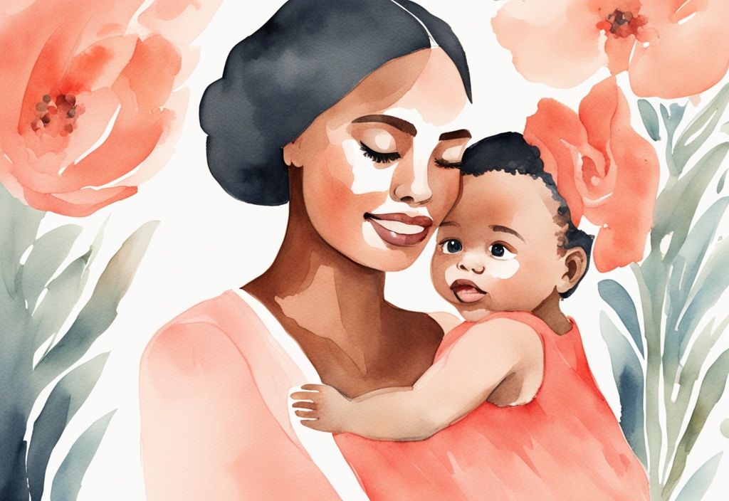 Modern watercolor illustration of a mother holding her baby, with coral color theme, showcasing joy and adoration in her eyes.