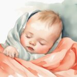 Modern watercolor illustration of a peacefully sleeping baby in a lightweight onesie, wrapped in a coral-themed swaddle blanket, showcasing what should baby wear under swaddle.