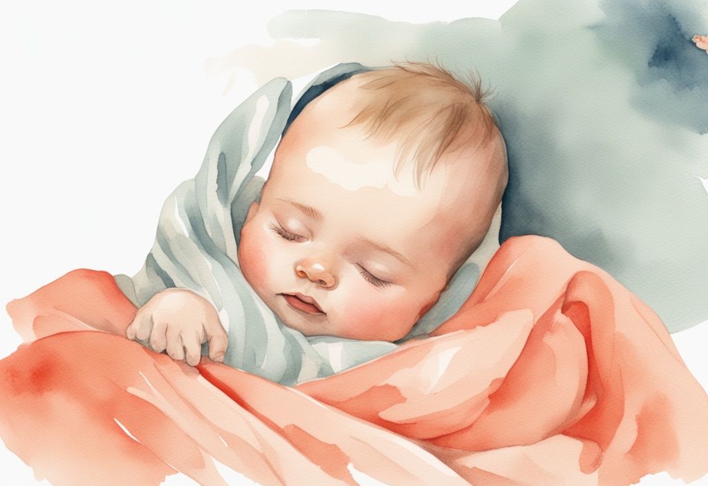 Modern watercolor illustration of a peacefully sleeping baby in a lightweight onesie, wrapped in a coral-themed swaddle blanket, showcasing what should baby wear under swaddle.