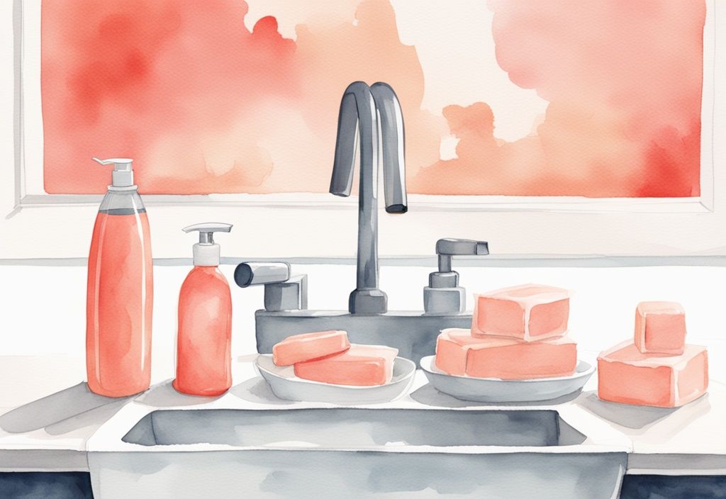 Modern watercolor illustration of a parent washing a baby bottle next to a sink, displaying a variety of baby-safe bottle soaps; answers the question, "what soap can I use to wash baby bottles" with a coral color theme.