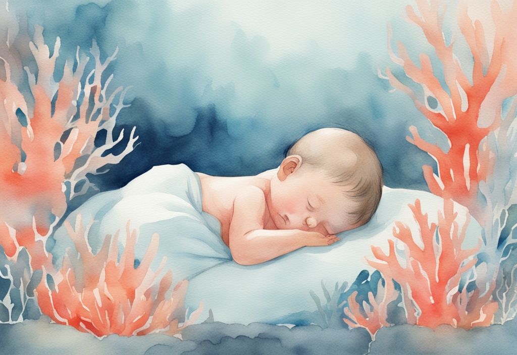 Modern watercolor illustration of a sleeping baby in soothing blue light, highlighting what color light helps baby sleep, with a coral color theme.