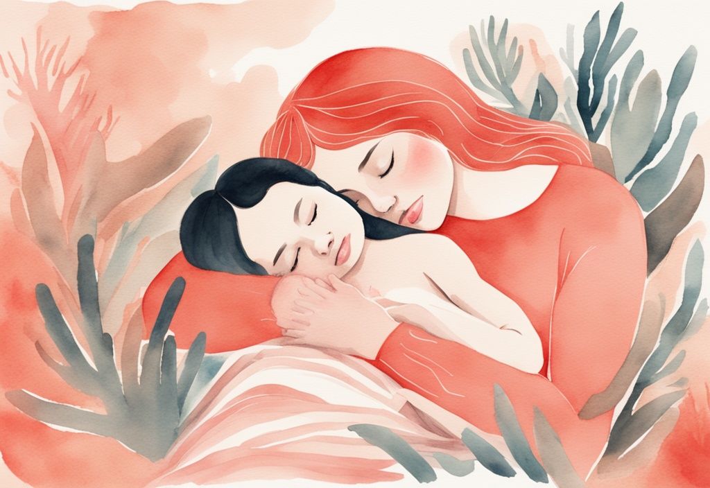 Modern watercolor illustration of a mother in a coral-themed tranquil setting cradling a sleeping newborn, emphasizing the concept that the baby only naps when held.