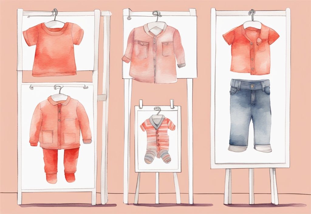 Modern watercolor illustration of coral-themed baby clothes sizing explained with size chart and mannequins showing different ages and sizes.