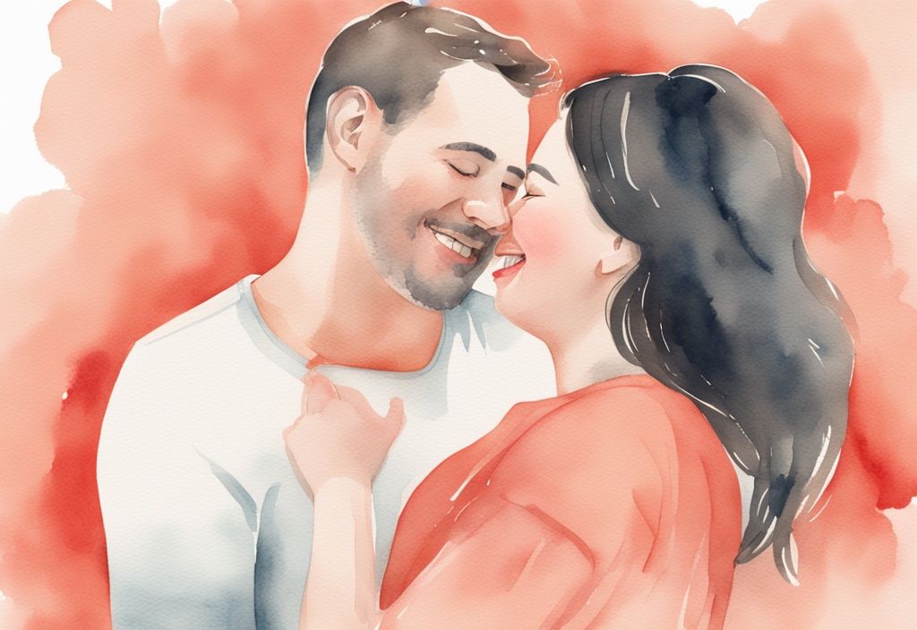 Modern watercolor illustration of a joyful parent holding a giggling baby in coral tones, capturing the essence of why do I love my baby so much.