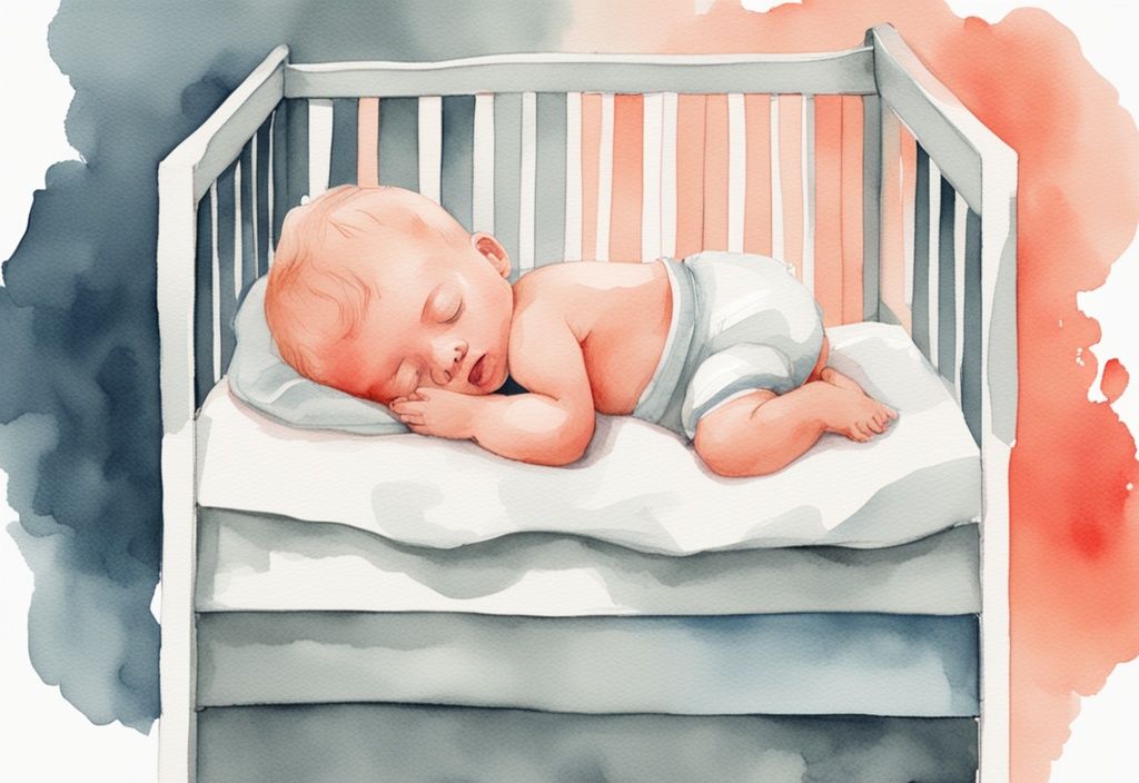 Modern watercolor illustration of a sleeping baby with pacifier in coral-themed crib.