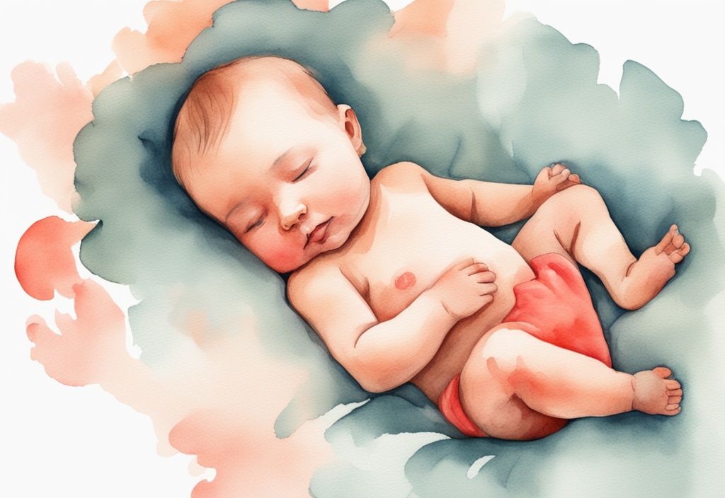 Modern watercolor illustration of a sleeping baby on a soft blanket with coral color theme.