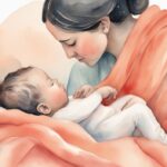 Modern watercolor illustration of a parent swaddling a newborn in a pastel blanket, demonstrating how to swaddle a baby in a coral-themed artwork.