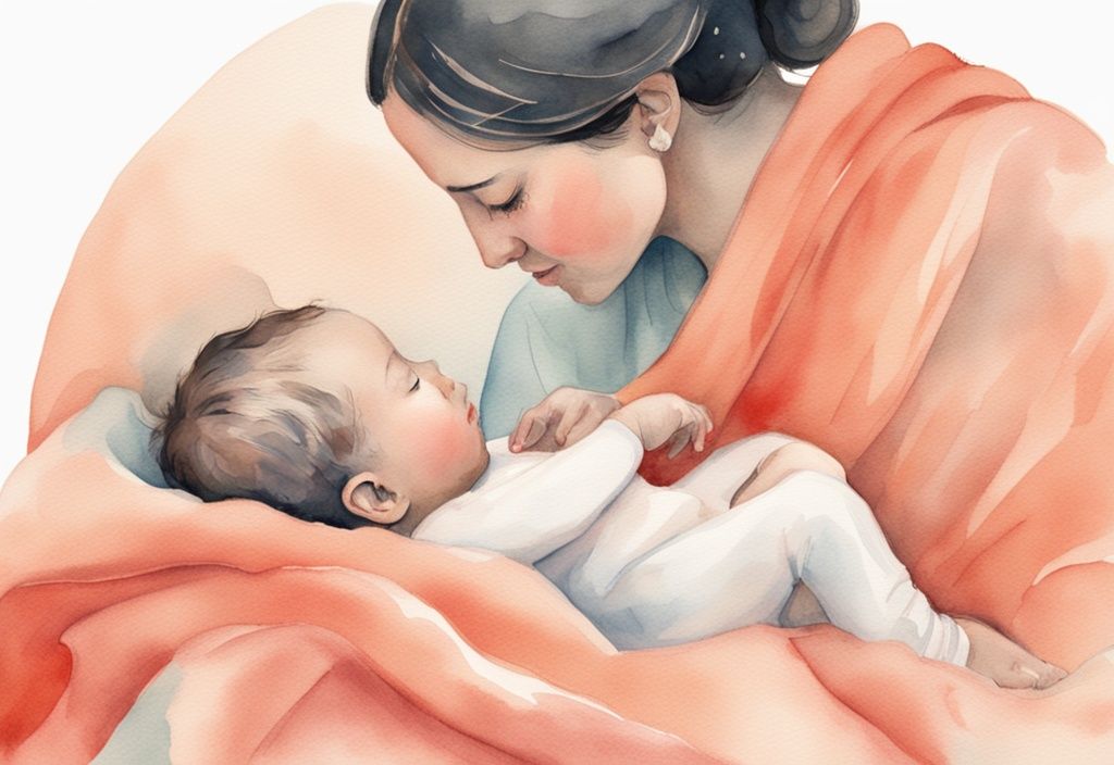 Modern watercolor illustration of a parent swaddling a newborn in a pastel blanket, demonstrating how to swaddle a baby in a coral-themed artwork.