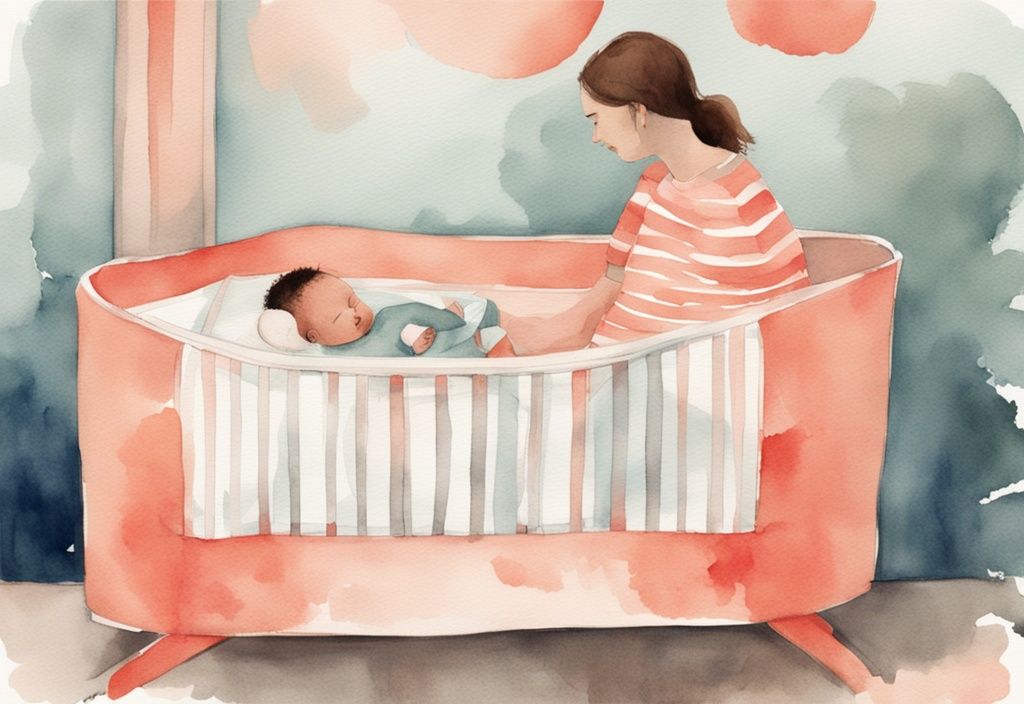 Modern watercolor illustration of two babies in coral-themed bassinets; one baby rests comfortably while the other looks cramped trying to fit in.