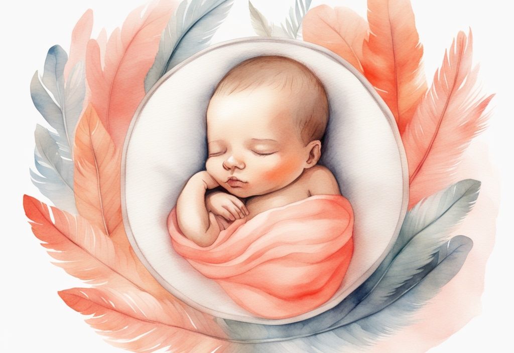 Modern watercolor illustration of a newborn baby sleeping peacefully, surrounded by soft feathers and an ethereal glow, with a coral color theme.