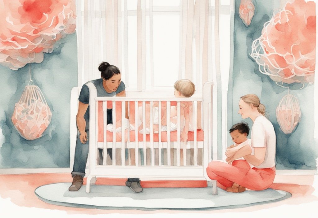 Modern watercolor illustration of parents adjusting a white baby crib with a curious toddler observing, featuring a coral color theme.