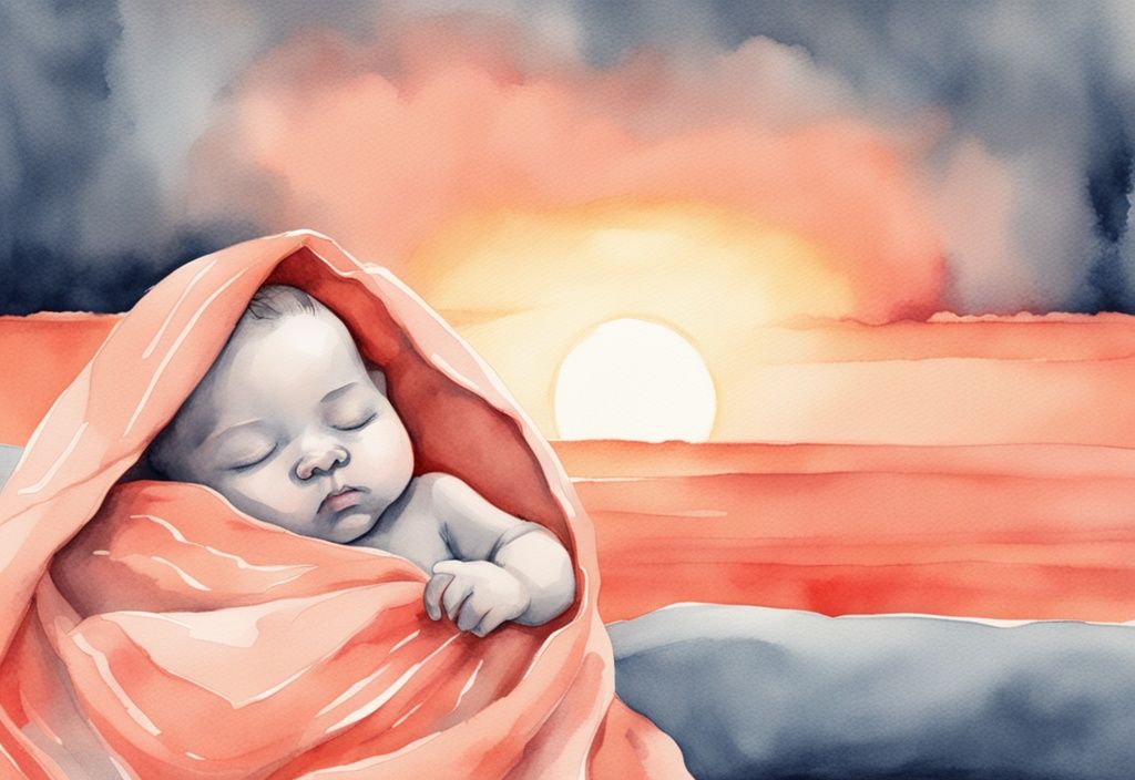 Modern watercolor illustration of a baby swaddled in blankets, sleeping peacefully against a coral-themed sunrise backdrop.