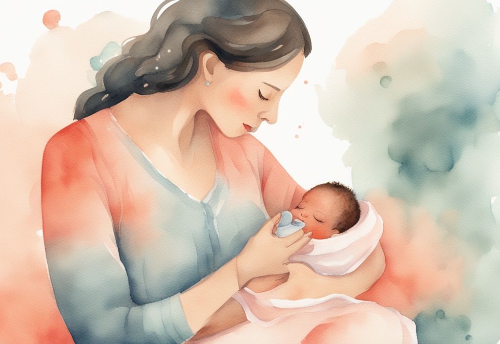 Modern watercolor illustration of a mother soothing her newborn baby with a bandage on the lower mouth, using toys and lullaby music, coral color theme.