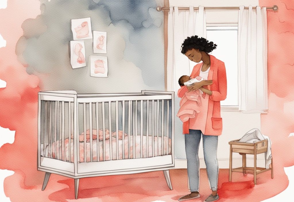 Modern watercolor illustration of a confused parent with diaper and wipes beside a crib, depicting what to do if baby poops while sleeping, with a coral color theme.