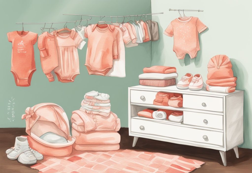 Modern watercolor illustration of coral-themed baby clothes with size labels and sizing guide on table.