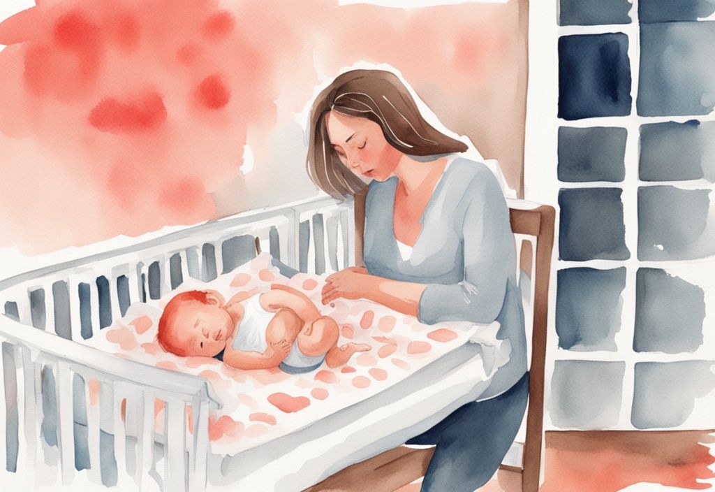 Modern watercolor illustration of a stressed parent checking the time while an awake baby lies in a crib, coral color theme.