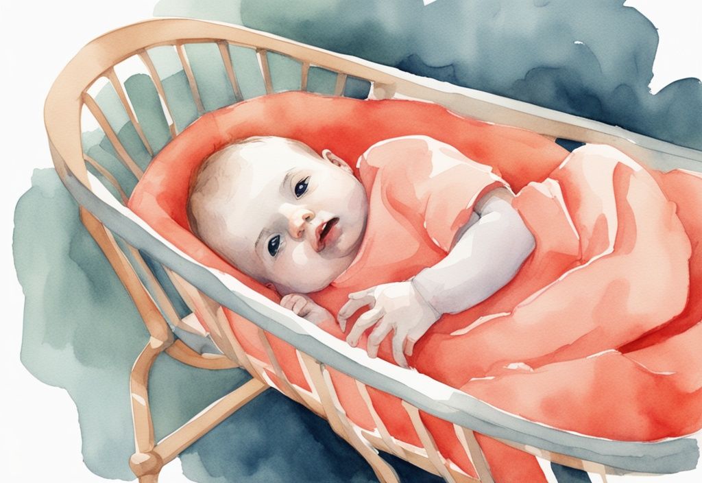 Modern watercolor illustration of a curious baby in a coral-themed bassinet, capturing the moment of outgrowing it, addressing the question "when is a baby too big for a bassinet.