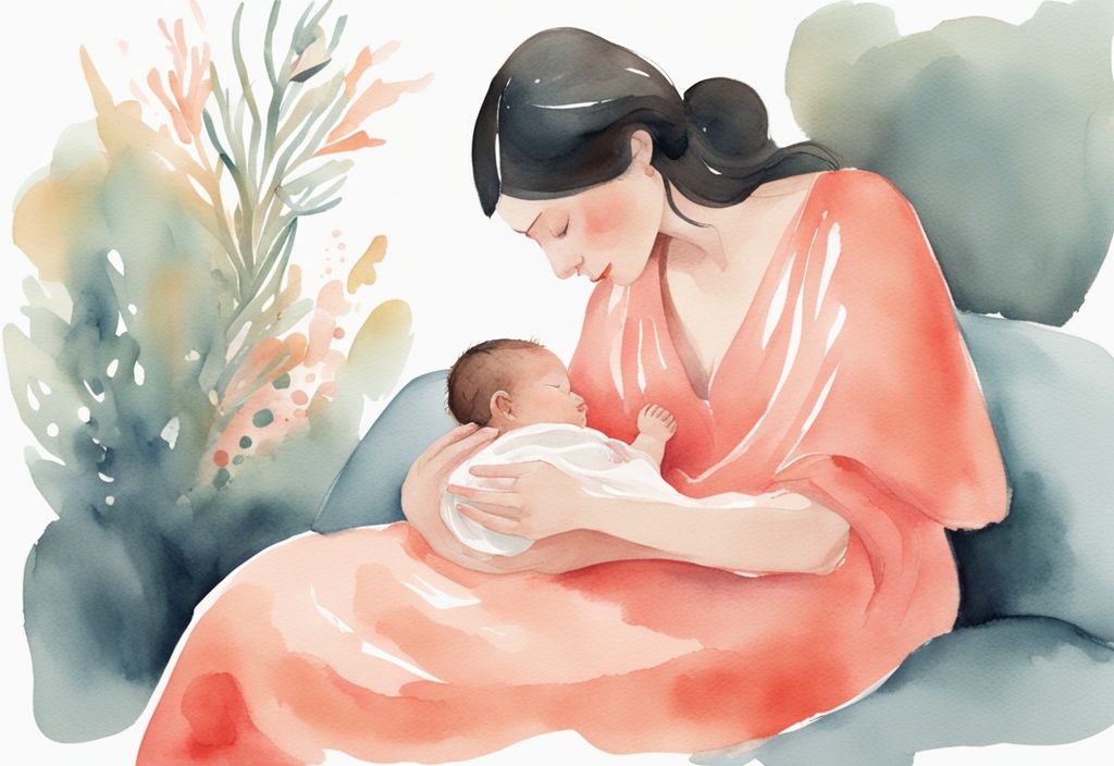 Modern watercolor illustration of a mother gently stirring her peacefully sleeping newborn baby, demonstrating how to wake up newborn to feed, with a coral color theme.