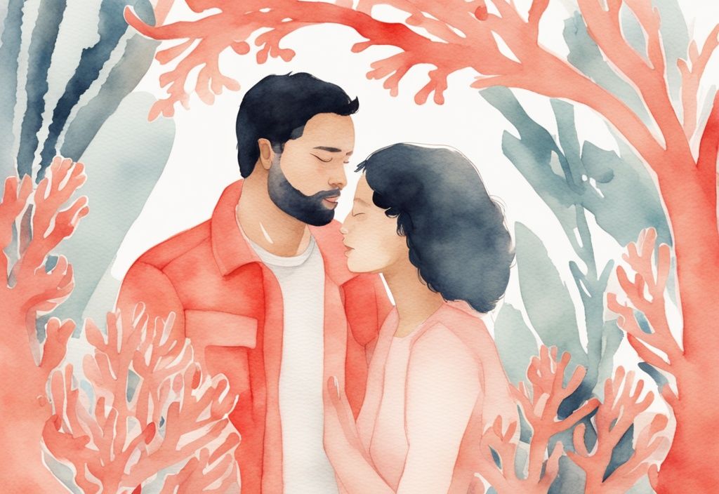 Modern watercolor illustration of a loving couple in a coral-themed setting with baby elements.