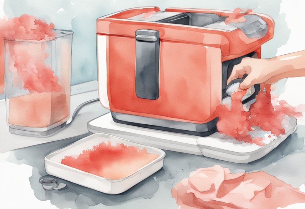 Modern watercolor illustration of hands cleaning disassembled Baby Brezza machine with sponge, coral color theme.