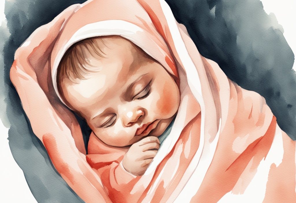 Modern watercolor illustration of a newborn baby in a coral-themed swaddle with a light cotton onesie.