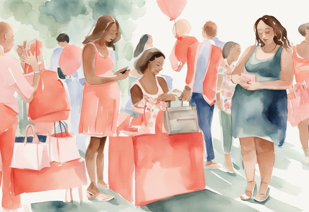 Modern watercolor illustration of a coral-themed baby shower scene with attendees pulling out wallets and purses, highlighting payment question.