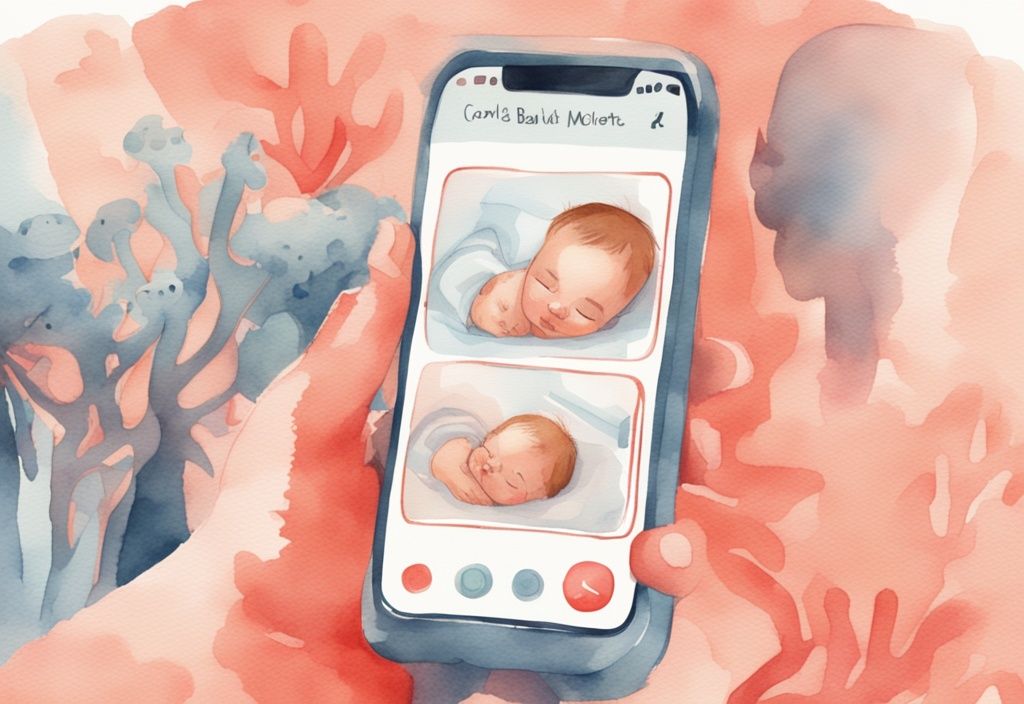 Modern watercolor illustration in coral theme showing a close-up of a baby monitor with activated VOX feature, depicting a parent holding their sleeping baby, answering the question: what is VOX on baby monitor.