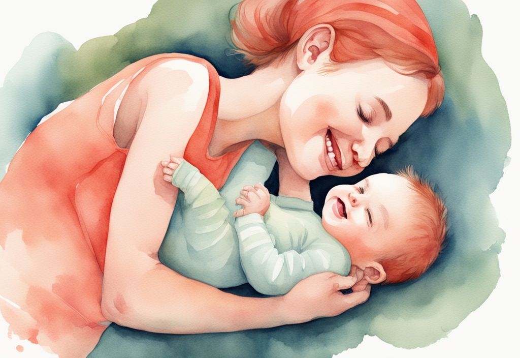 Modern watercolor illustration of a cheerful infant lying on its back with a smiling adult gently pressing the baby's tummy, featuring a coral color theme.