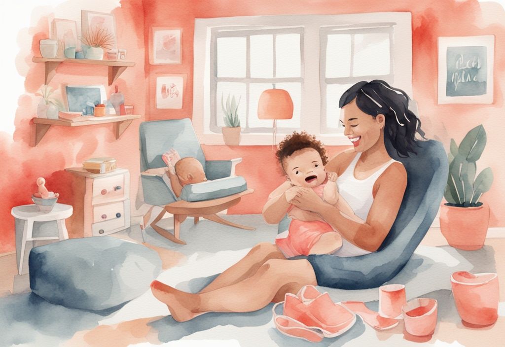 Modern watercolor illustration of a happy parent playing with a 5-month-old baby in various fun activities, coral color theme.