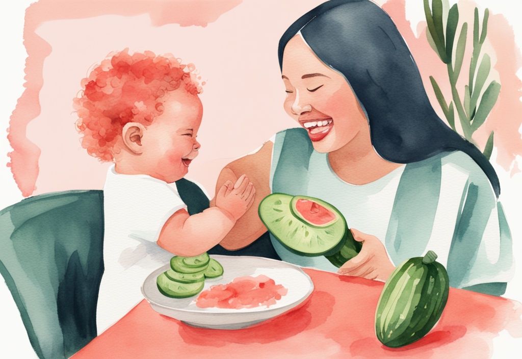 Modern watercolor illustration of a baby in a high chair reaching for a cucumber slice, demonstrating how to serve cucumber to baby.