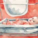 Modern watercolor illustration of a curious baby in a coral-themed bassinet, capturing the moment of outgrowing it, addressing the question: when is a baby too big for a bassinet.