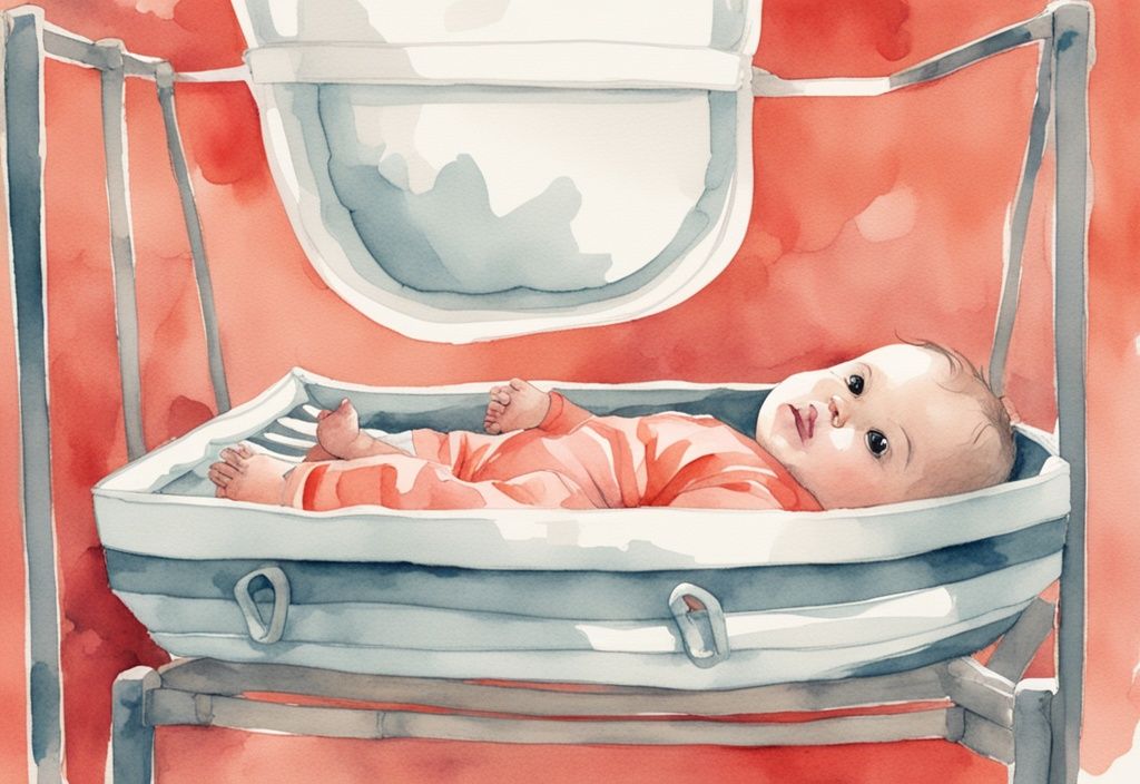 Modern watercolor illustration of a curious baby in a coral-themed bassinet, capturing the moment of outgrowing it, addressing the question: when is a baby too big for a bassinet.