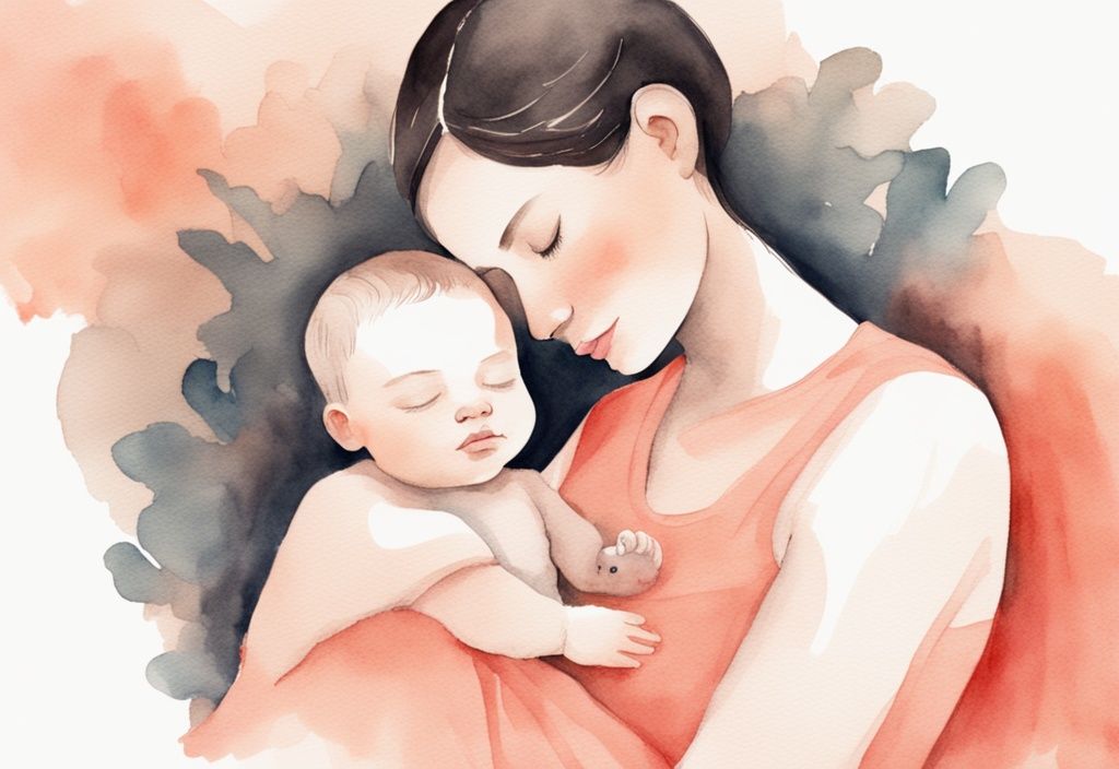 Modern watercolor illustration of a parent holding a sleeping baby in coral tones.