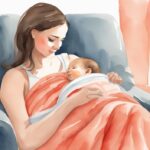 Modern watercolor illustration of a mother soothing her baby after tongue tie surgery, featuring coral tones, a soft blanket, and a pacifier conveying serenity.