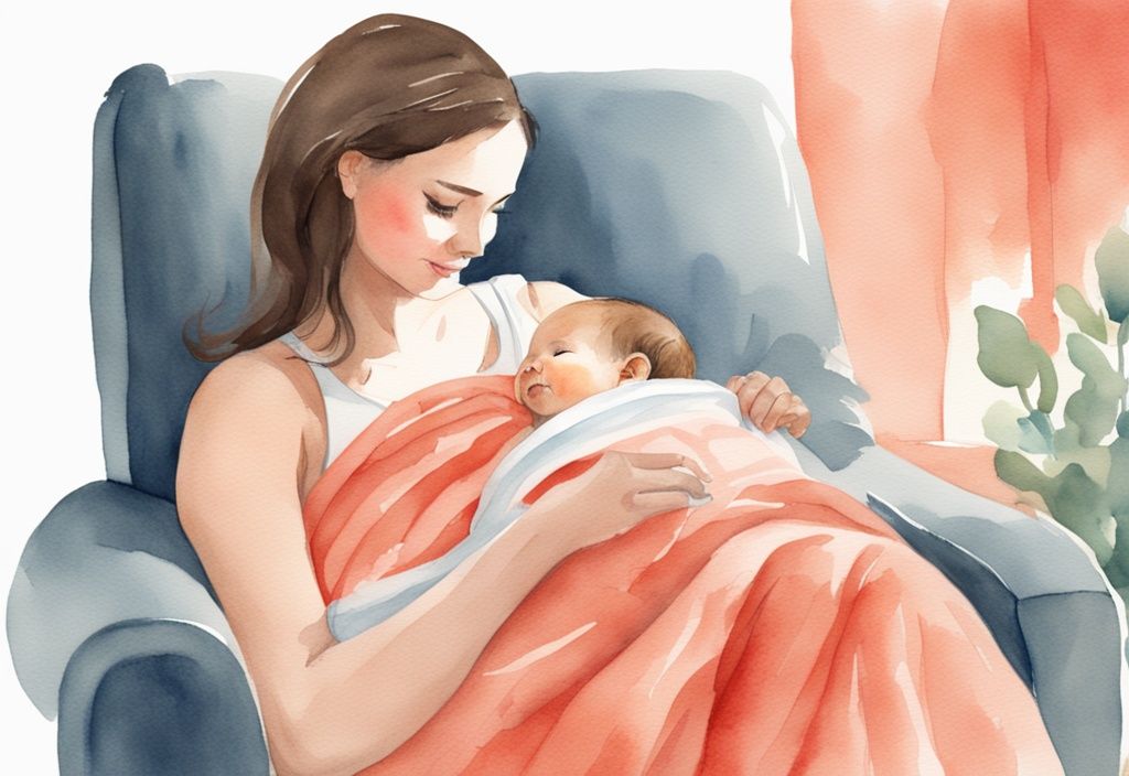 Modern watercolor illustration of a mother soothing her baby after tongue tie surgery, featuring coral tones, a soft blanket, and a pacifier conveying serenity.