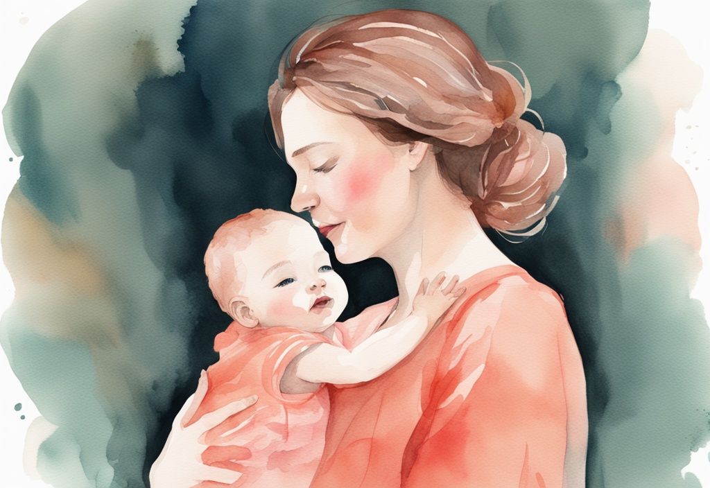 Modern watercolor illustration of a joyful mother holding her baby, with a coral color theme.