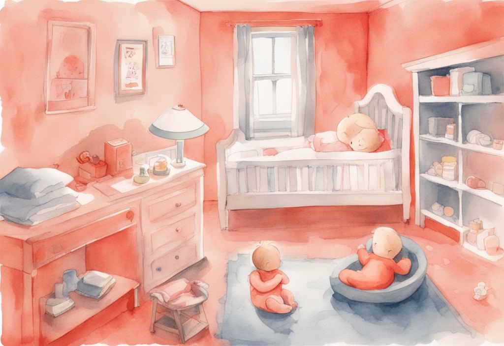 Modern watercolor illustration of an exhausted baby sleeping peacefully, showcasing tips on how to break the cycle of an overtired baby with a bedtime schedule chart, calming bath products, and a cuddly toy in a dimly lit room.