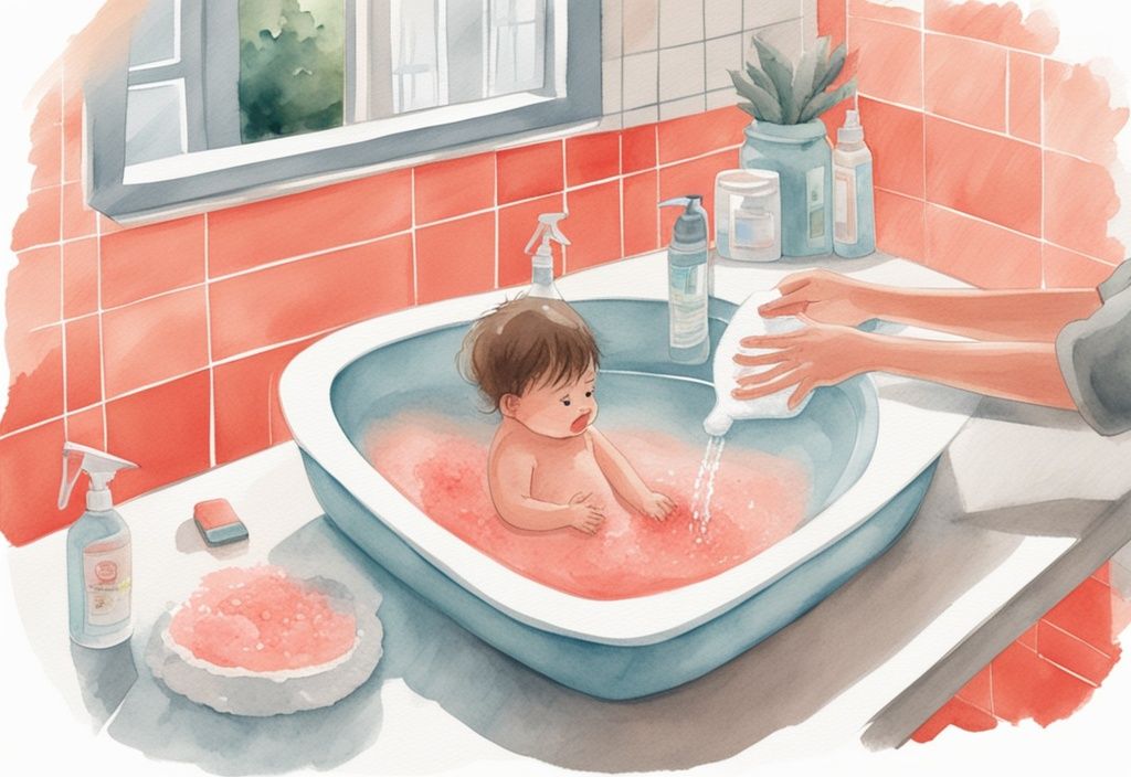 Modern watercolor illustration of a parent cleaning a baby bathtub with a sponge and non-toxic cleaner on a sink countertop, featuring a coral color theme.