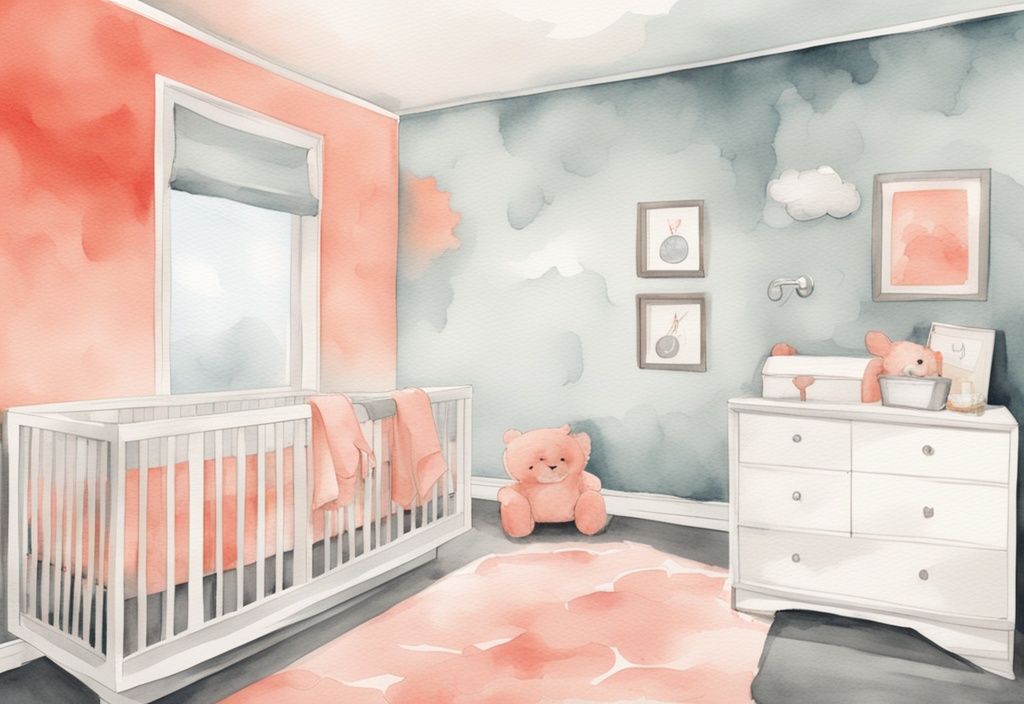 Modern watercolor illustration of a coral-themed baby room with optimal humidity level displayed on a wall hygrometer.