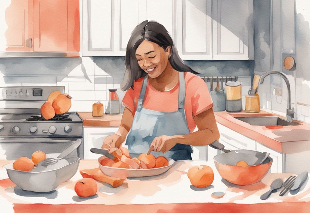 Modern watercolor illustration of parent preparing butternut squash in kitchen with baby utensils and highchair, coral theme.