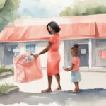 Modern watercolor illustration of a woman donating baby clothes to a grateful mother at a community donation center, highlighting where can I donate baby clothes for mothers in need.