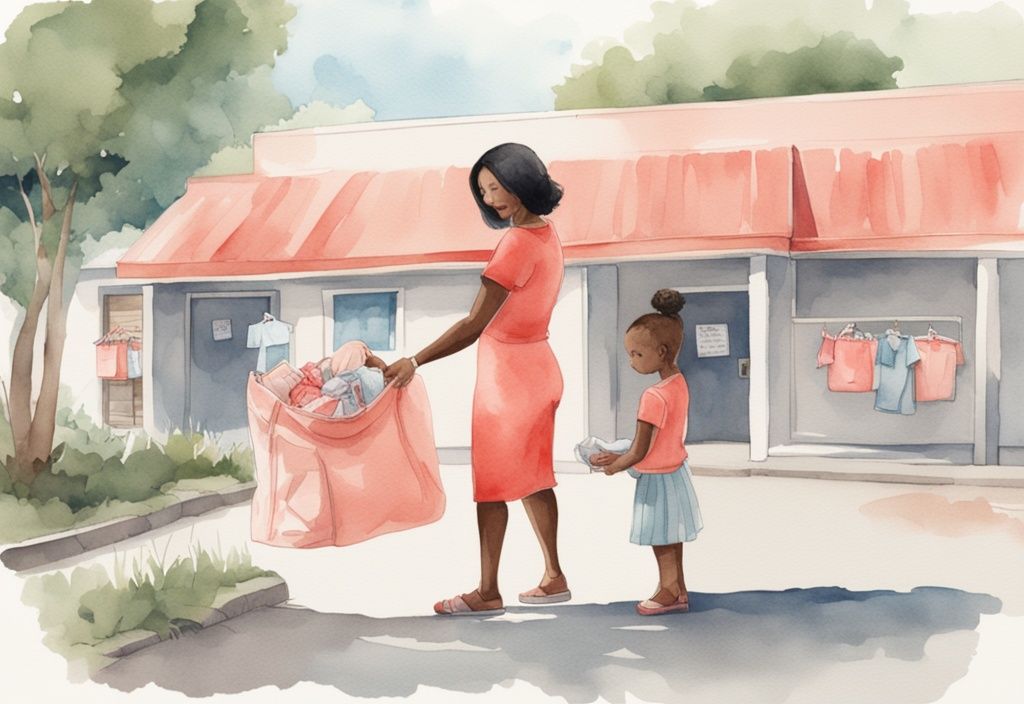 Modern watercolor illustration of a woman donating baby clothes to a grateful mother at a community donation center, highlighting where can I donate baby clothes for mothers in need.