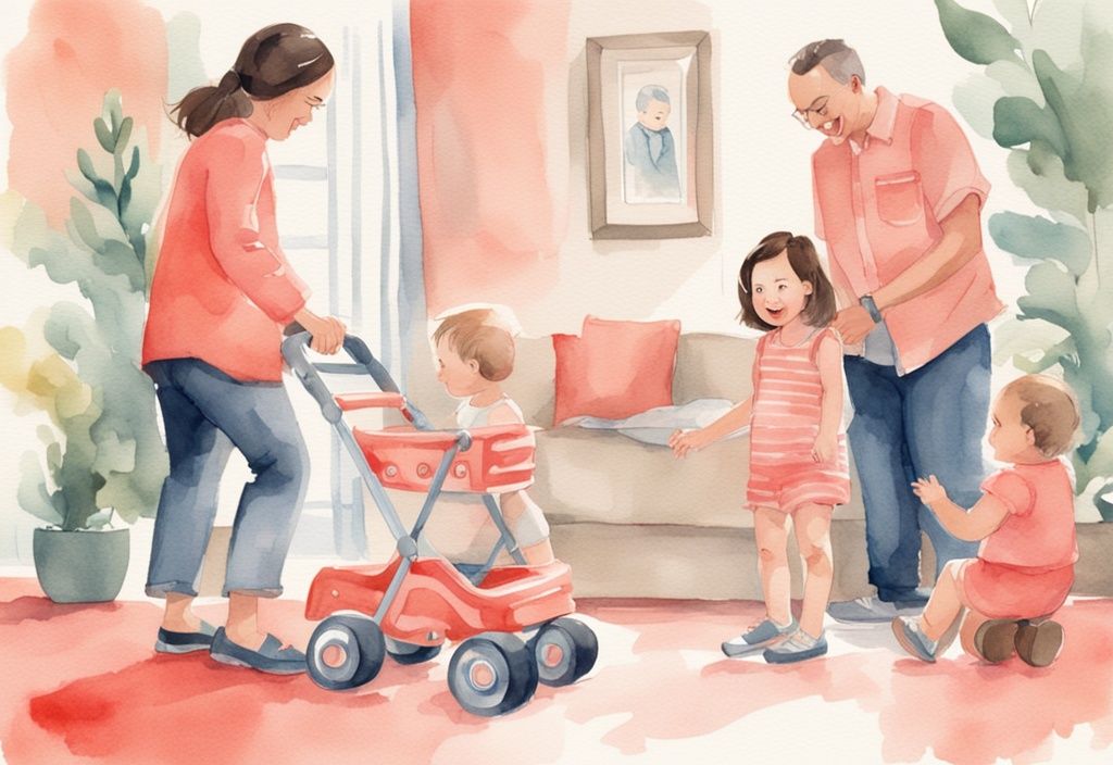 Modern watercolor illustration of a joyful baby taking first steps with a toy walker, watched by proud parents; coral color theme.