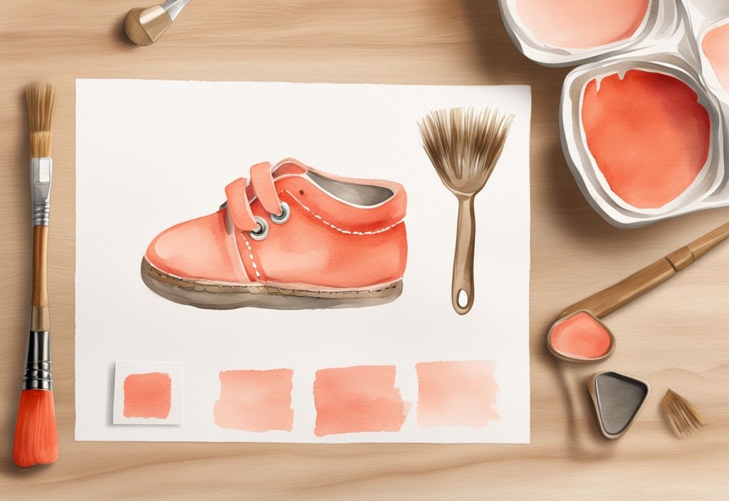 Modern watercolor illustration of coral-themed baby shoes and DIY bronze kit with instructions on wooden table.