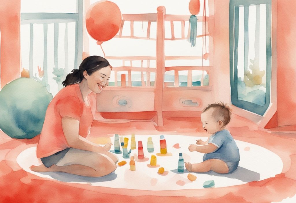 Modern watercolor illustration of a curious baby joyfully playing in an activity center, supervised by a smiling parent, highlighting the theme: when can my baby use activity center.