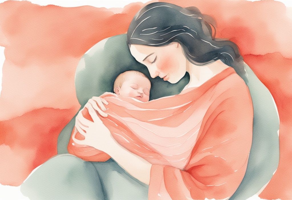 Modern watercolor illustration of a parent demonstrating how to swaddle a baby in a pastel blanket, with a coral color theme.