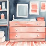 Modern watercolor illustration of coral-themed baby wipes stack next to a changing table, highlighting how many baby wipes do I need for one change.