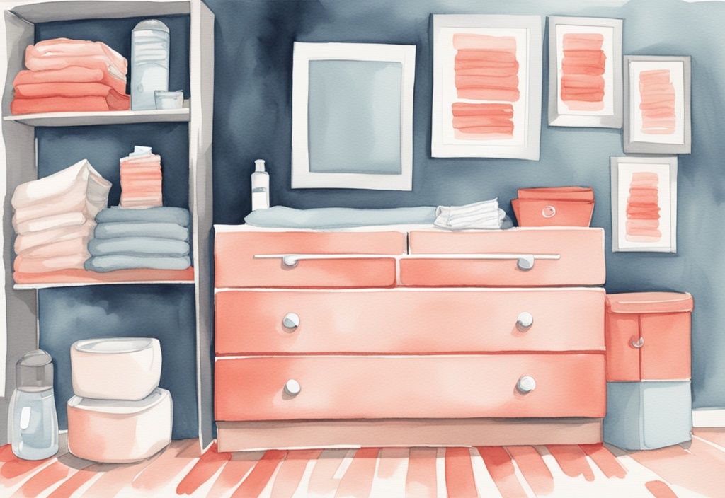 Modern watercolor illustration of coral-themed baby wipes stack next to a changing table, highlighting how many baby wipes do I need for one change.